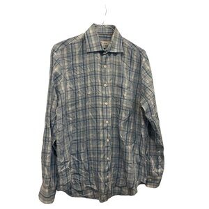 Peter Millar Men’s Large Blue Plaid Cotton Silk Blend Dress Shirt‎ Button Up EUC